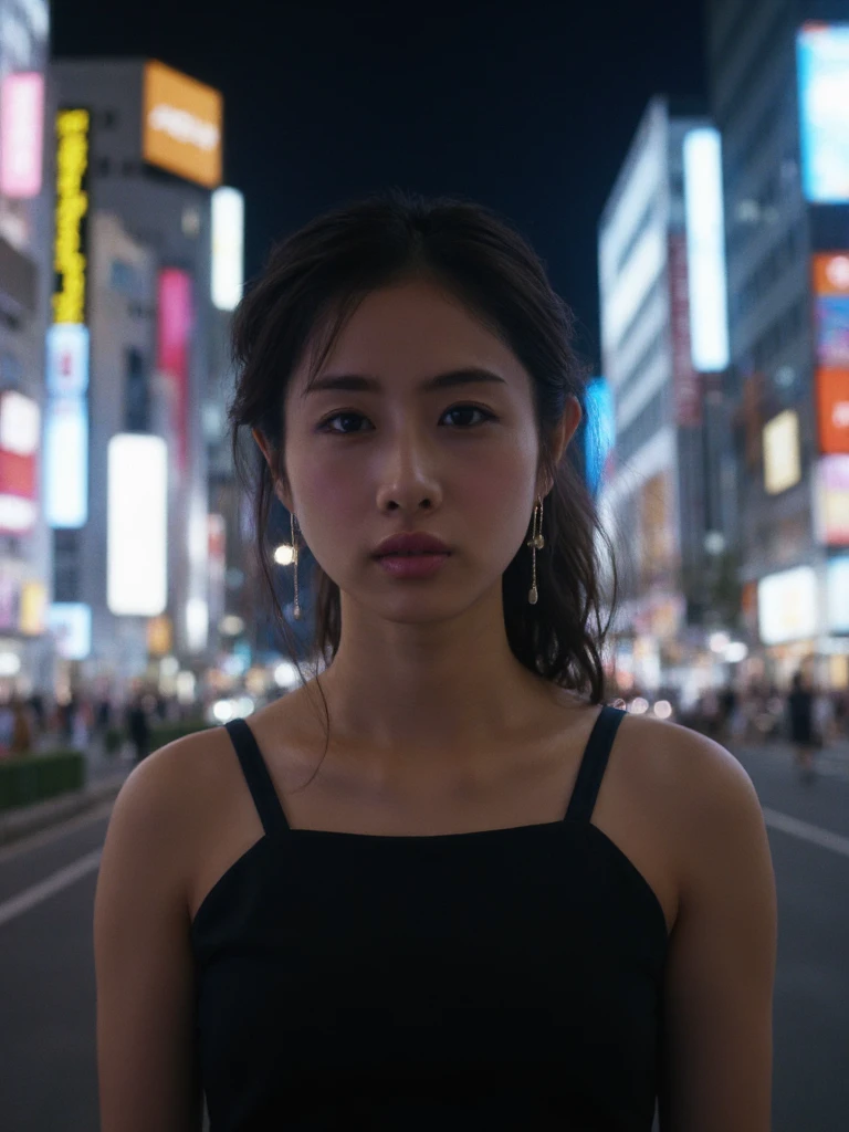 A very detailed portrait of satish woman standing at shibuya crossing at night. She is wearing an elegant black dress, that reveals her shoulders and highlights her breasts. The neon signs are colorful and vibrant in the blurry background.