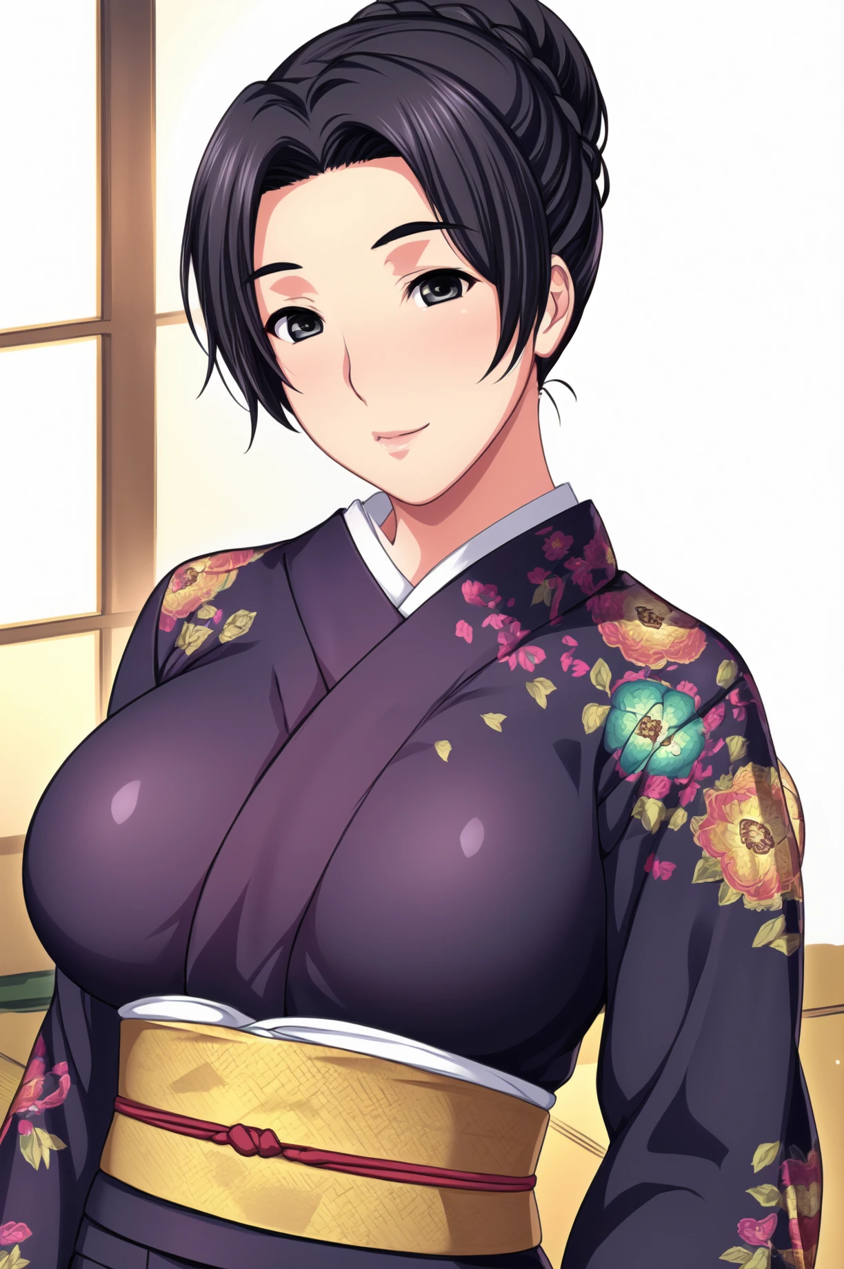 Simple Background,(White_Background),
dynamic pose,standing at attention,
Black kimono, japanese clothes, long sleeves, wide sleeves, floral print, 
<lora:Sumi_Kiriya_kiriya-KK77-V1:0.7>,Sumi_Kiriya_kiriya,
black eyes, black hair,bangs,Short hair,hair bun,
<lora:more_details:0.1>,<lora:NovelAI_YesMix5_KKStyle-KK77-Yes5-V1:0.3>,<lora:Oda_Non_Style2-KK77-Yes5-V1:0.3>,
1 girl, 20yo,Young female,Beautiful long legs,Beautiful body,
Beautiful Nose,Beautiful character design, perfect eyes, perfect face,expressive eyes,perfect balance,
looking at viewer,(Focus on her face),closed mouth, (innocent_big_eyes:1.0),(Light_Smile:0.3),
official art,extremely detailed CG unity 8k wallpaper, perfect lighting,Colorful, Bright_Front_face_Lighting,White skin,
(masterpiece:1.0),(best_quality:1.0), ultra high res,4K,ultra-detailed,
photography, 8K, HDR, highres, absurdres:1.2, Kodak portra 400, film grain, blurry background, bokeh:1.2, lens flare, (vibrant_color:1.2),professional photograph,
(Beautiful,large_Breasts:1.4), (beautiful_face:1.5),(narrow_waist),