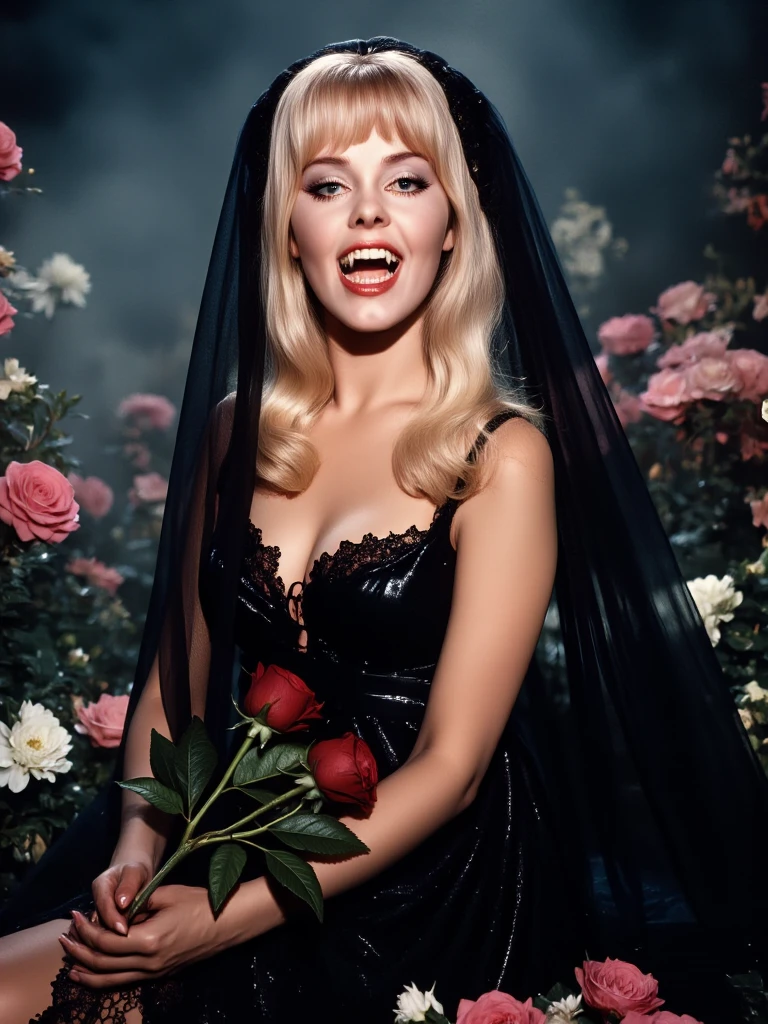 amazingly detailed, masterpiece, ultra hd, YutteStensg123 VAMPIRE woman, blonde hair, her mouth open revealing her long sharp fangs, fangs, red lips, blood trickling down from her mouth, ((black wedding dress, black wedding veil, black rose,a lot of flowers around) ), otherworldly hues, surreal landscapes, dark fantasy art, a lot of fog around, ethereal glow, (ghostly effect:1), masterpiece, perfect anatomy, 32k UHD resolution, best quality, highly details, realistic photo, professional photography, cinematic view, cinematic angle, octane render, model pose, looking at viewer, 8k vibrant colors, beautiful, dramatic lighting, shallow depth of field, Ultra-realistic, beautiful lighting, absurdres, high quality, <lora:breastsizeslideroffset:-0.2>, <lora:eliangabarron123-15:1>, <lora:add_detail>,