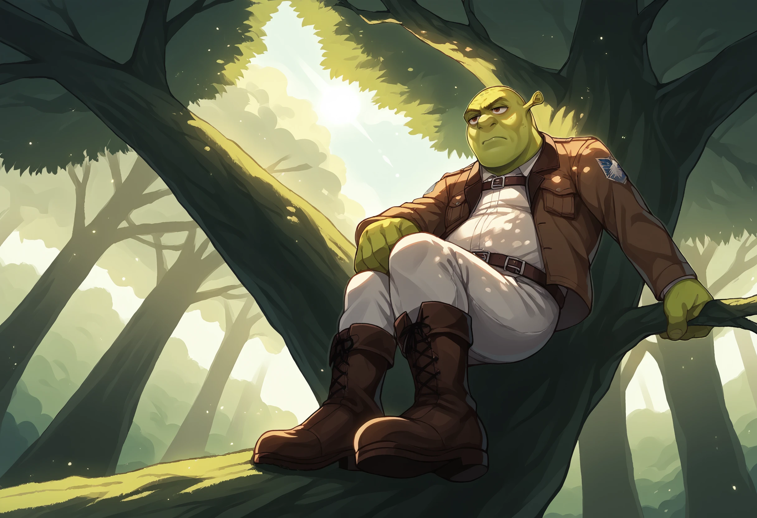 score_9, score_7_up BREAK wide shot,shrek, green skin,male focus,alternate costume,three-dimensional maneuver gear,shingeki no kyojin,brown jacket,from below,kneeling,on tree branch,forest,day,boots,dynamic pose,light particles,dappled sunlight,serious <lora:itzah_pd_glora_t1:1> <lora:Shrek_XLPD:0.8>