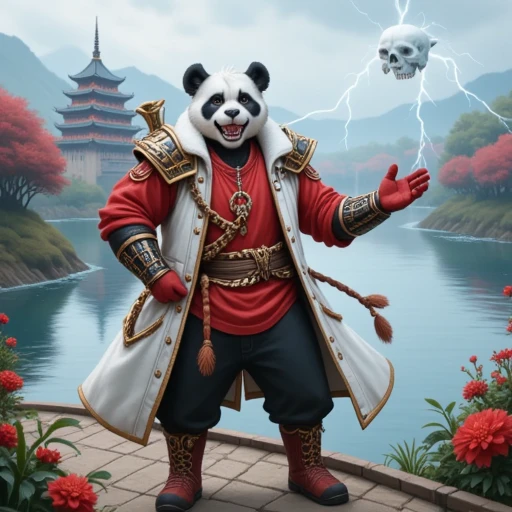 cyborg panda, bow, skull, full body, standing, white fur, cyborg, shoulder armor, river, contrail, short hair, electricity, white jacket, watermark, cross-laced footwear, castle, flower, red gloves, red shirt, animal, teeth