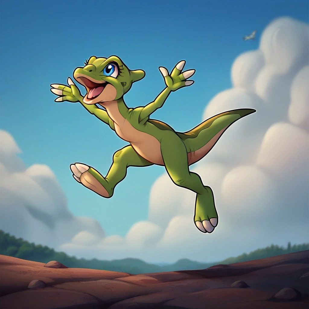 score_9, score_8_up, score_7_up, score_6_up, source_furry, Duckylbt, feral, female, Saurolophus, dinosaur, scalie, green skin, blue eyes, Jurassic background, bipedal, jumping in the air, happy, <lora:d0137ffa-0563-4d91-942f-6f6de11dcdd1:0.7>