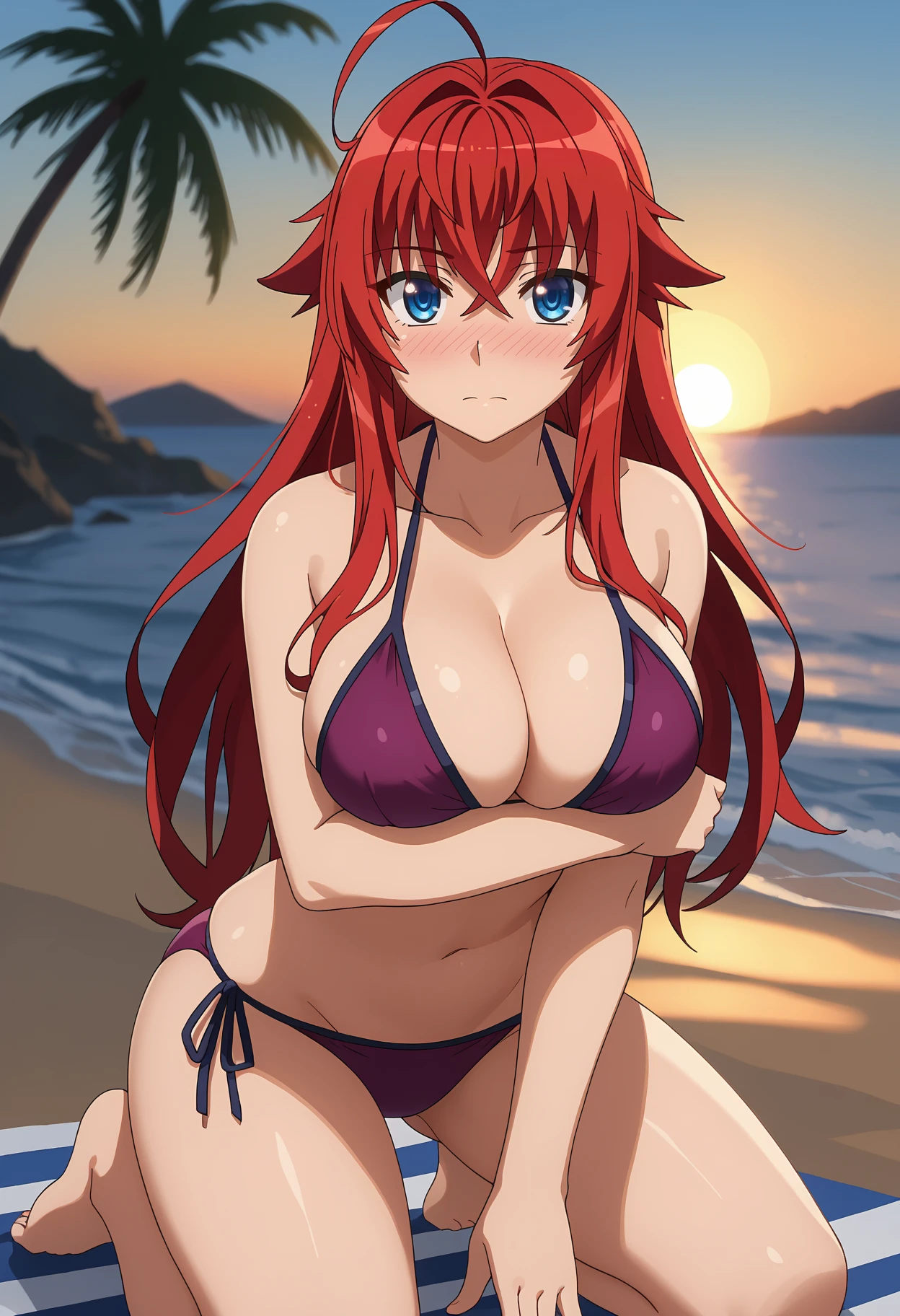 score_9,
<lora:HighschoolDxD_RiasGremoryXL:0.9>,
1girl, solo, closed mouth, nose blush,
long hair, red hair, blue eyes, ahoge, crossed bangs,
RiasGremory, purple bikini, halterneck, cleavage, large breasts, side-tie bikini bottom,
kneeling, crossed arms, breast hold, looking at viewer,
sunset, blurry background, horizon, beach, palm tree, lens flare, evening