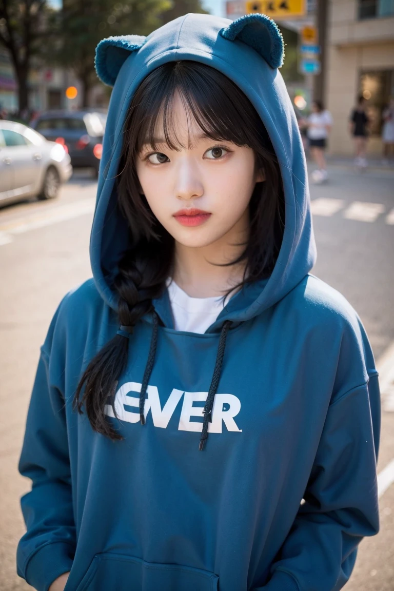 upper body photo of iveyujin in blue hoodie, makeup, streets, day, hard shadows, (photorealistic:2.0), <lora:iveyujin-v3:1>