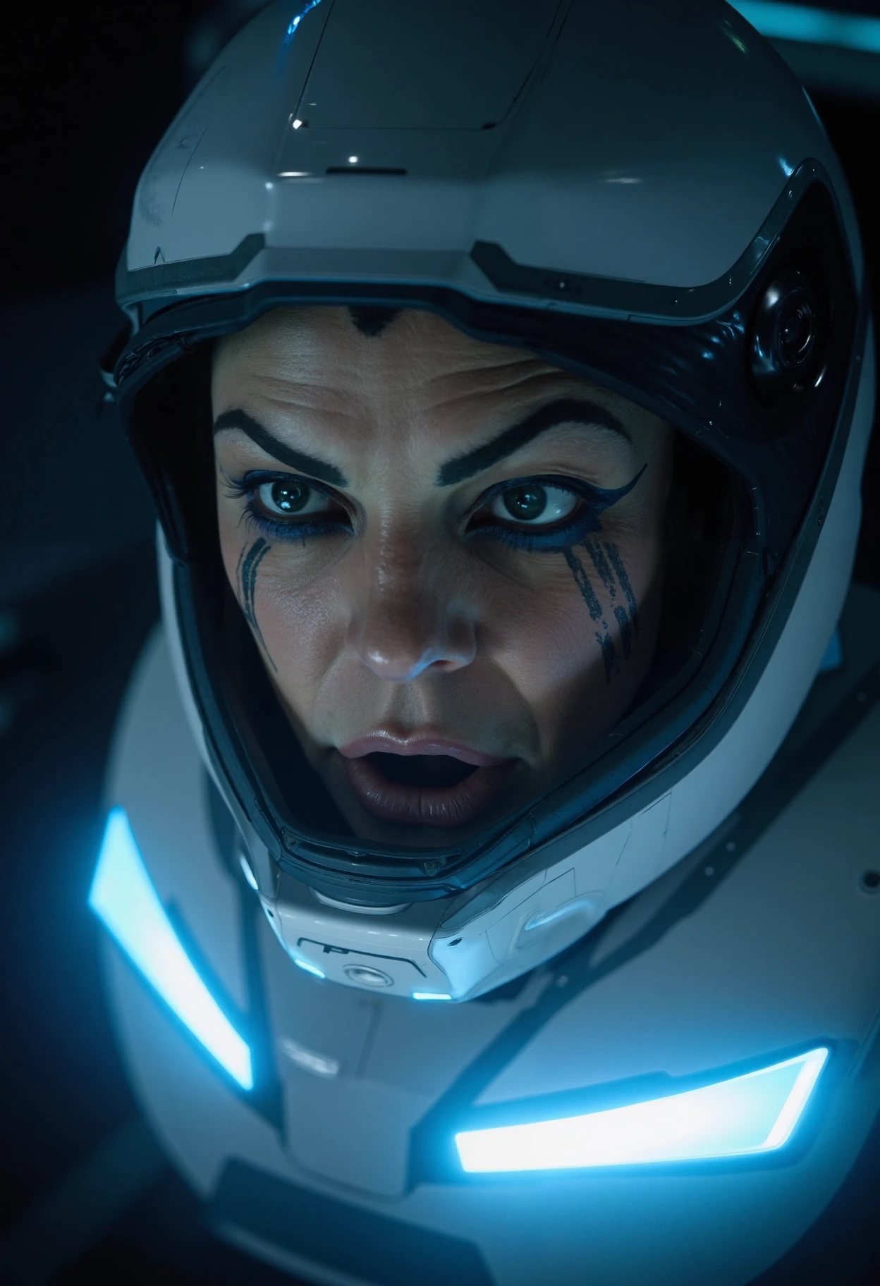 dramatic cinematic portrait of a middle-aged caucasian woman in her forties wearing a hard science fiction spacesuit and helmet designed by origin, the suit and helmet are white with accents of black and blue, the visor of the helmet is translucent, letting us see the woman's piercing blue eyes.

She has heavy and dramatic war face paint covering her eyes. A scar above her lip and overall rough skin suggests she is some sort of mercenary or badass space traveler.

Her face expression is one of anger and confusion with an arch eyebrow and an opened mouth.

The scene is dark and dim with very little ambiant light but a faint blue glow coming from below adding a dramatic effect to the scene. The background looks sleek but somewhat industrial like the interior of a spaceship.