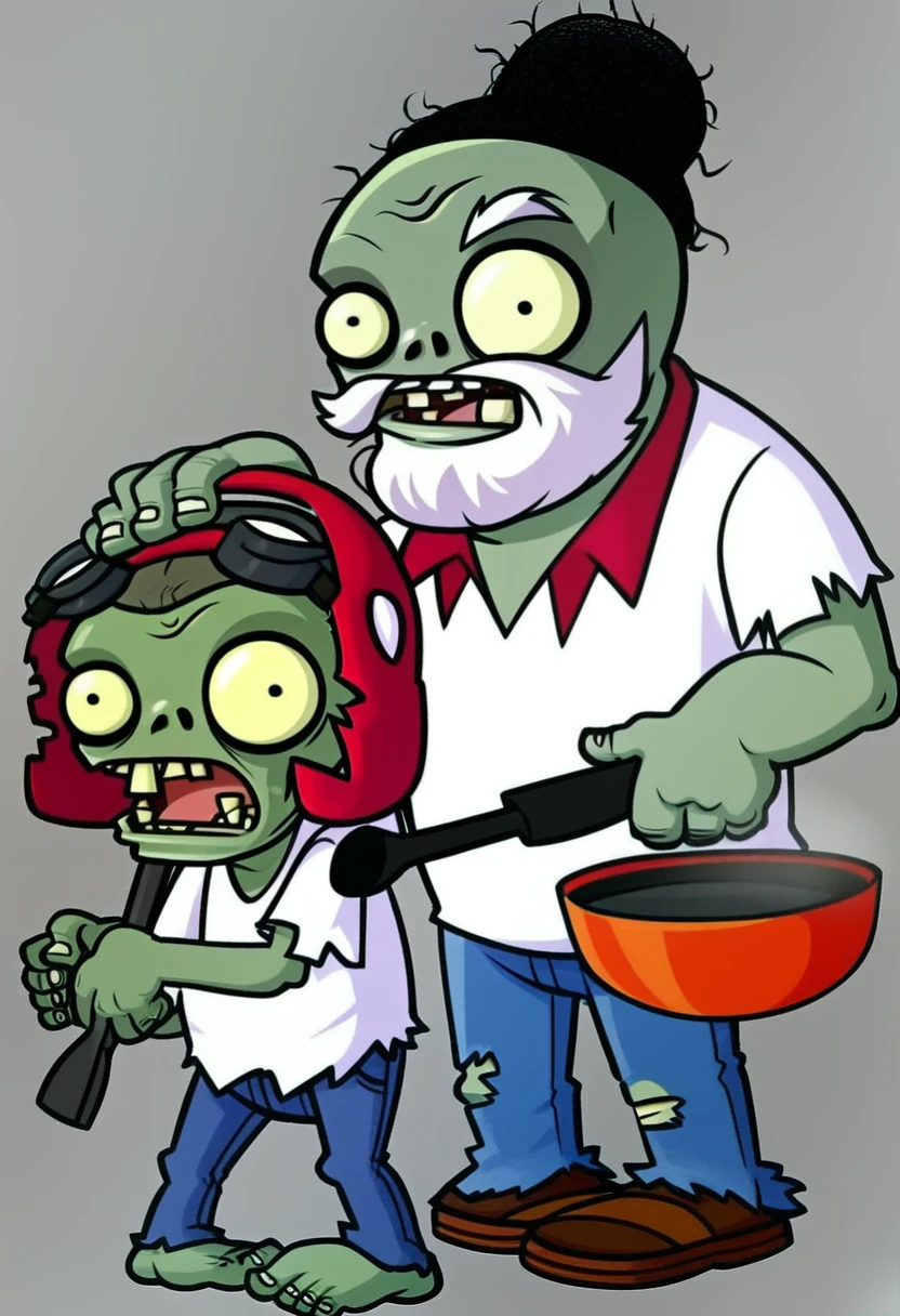 mikus-zombie, white beard, white t-shirt, jeans, frying pan on head,