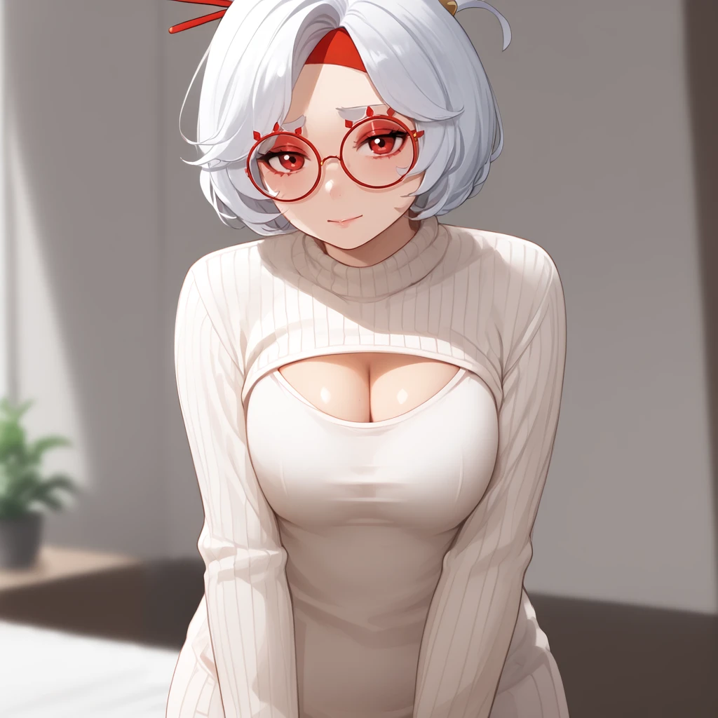 <lora:purah_pony_v1:.8>purai, 1girl,, medium breasts, glasses, hair stick, white hair, hair ornament, round eyewear, red eyeshadow, short hair, red eyes, single hair bun, makeup,,  cowboy shot, <lora:open-chest-sweater-ponyxl-lora-nochekaiser:1> open-chest sweater, ribbed sweater, cleavage cutout, meme attire, clothing cutout, turtleneck, sweater dress, cleavage, clothes tug, sweater pull, cleavage reach,