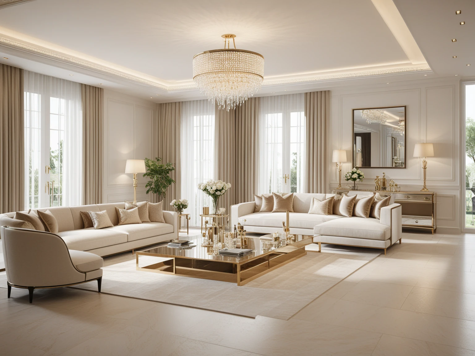 luxury chic style, interior design, drawing room, indoor light, natural light, clear tone, High resolution, C4D,UE5,realistic, 
