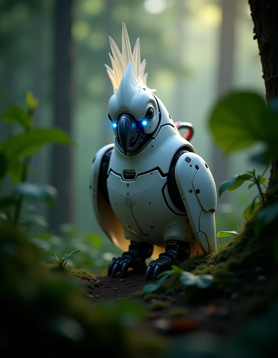 H0riz0nMach1ne, robotic, a white parrot in a jungle, dynamic pose, glowing eyes, bokeh