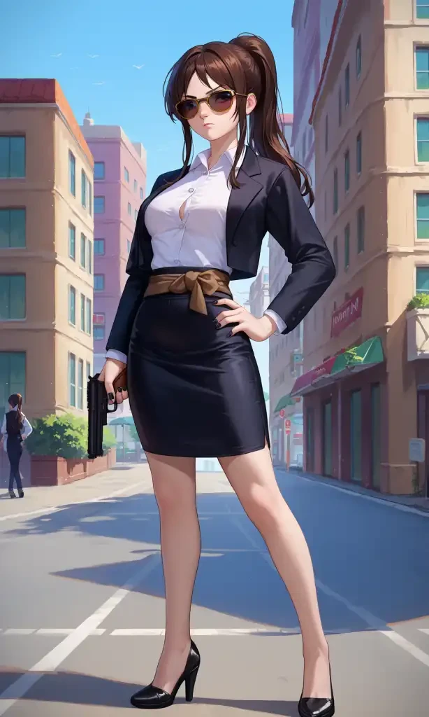 score_9, score_8_up, score_7_up, source_anime, nicole09, 1girl, solo, full body, long hair, ponytail, sidelocks, white button-up shirt, black suit, black pencil skirt, brown sash, black heels,black nails, holding gun, hand on hip, sunglasses, outdoors, 