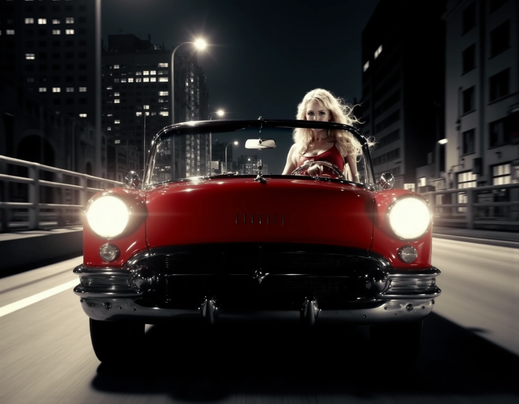 a sexy woman driving a vintage red car on a street at night, with her hair flying with the speed. The car has a large front grille and two round headlights on either side of the car. The headlights are turned on, and the car appears to be in motion, as if it is moving at a high speed. The background is blurred, but it seems to be a cityscape with tall buildings and a bridge in the distance. The sky is dark and the overall mood of the image is eerie and mysterious. sinCity <lora:Sin_City_-_Flux_Lora:1>