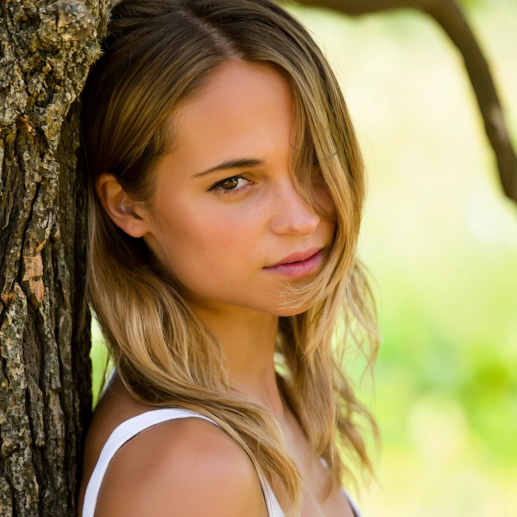 alicia_vikander A portrait of a young woman in a natural setting. She leans against a tree trunk, her face partially hidden by the bark. Her blonde hair flows freely, and she wears a white sleeveless top. Soft, natural light illuminates her face, highlighting her features and the texture of the tree bark. The background is blurred, highlighting the subject. The image is candid and serene, capturing a moment of tranquility and connection with nature.  <lora:AliciaVikander_F1D:1>