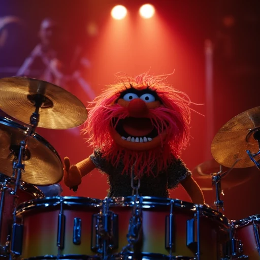 birds-eye view of a muppet drummer playing a solo, concert lights, flames, illustrated cartoon art