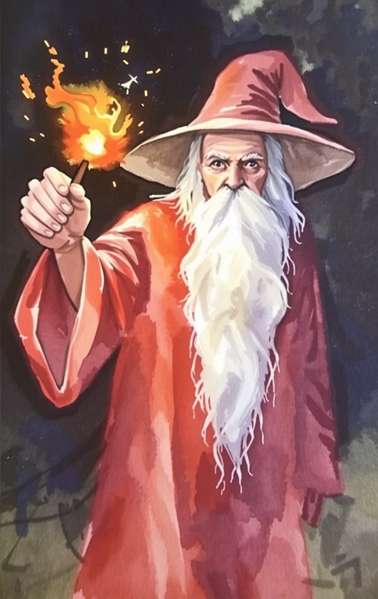 watercolor painting shows an elderly wizard with a long white beard and a pointed hat. He is wearing a red robe and is holding a magic wand in his right hand. The wand is glowing orange and yellow, and there are sparks flying around him. The background is dark, and the wizard appears to be standing in a wooded area. watercolor painting is taken from a low angle, looking up at the wand.