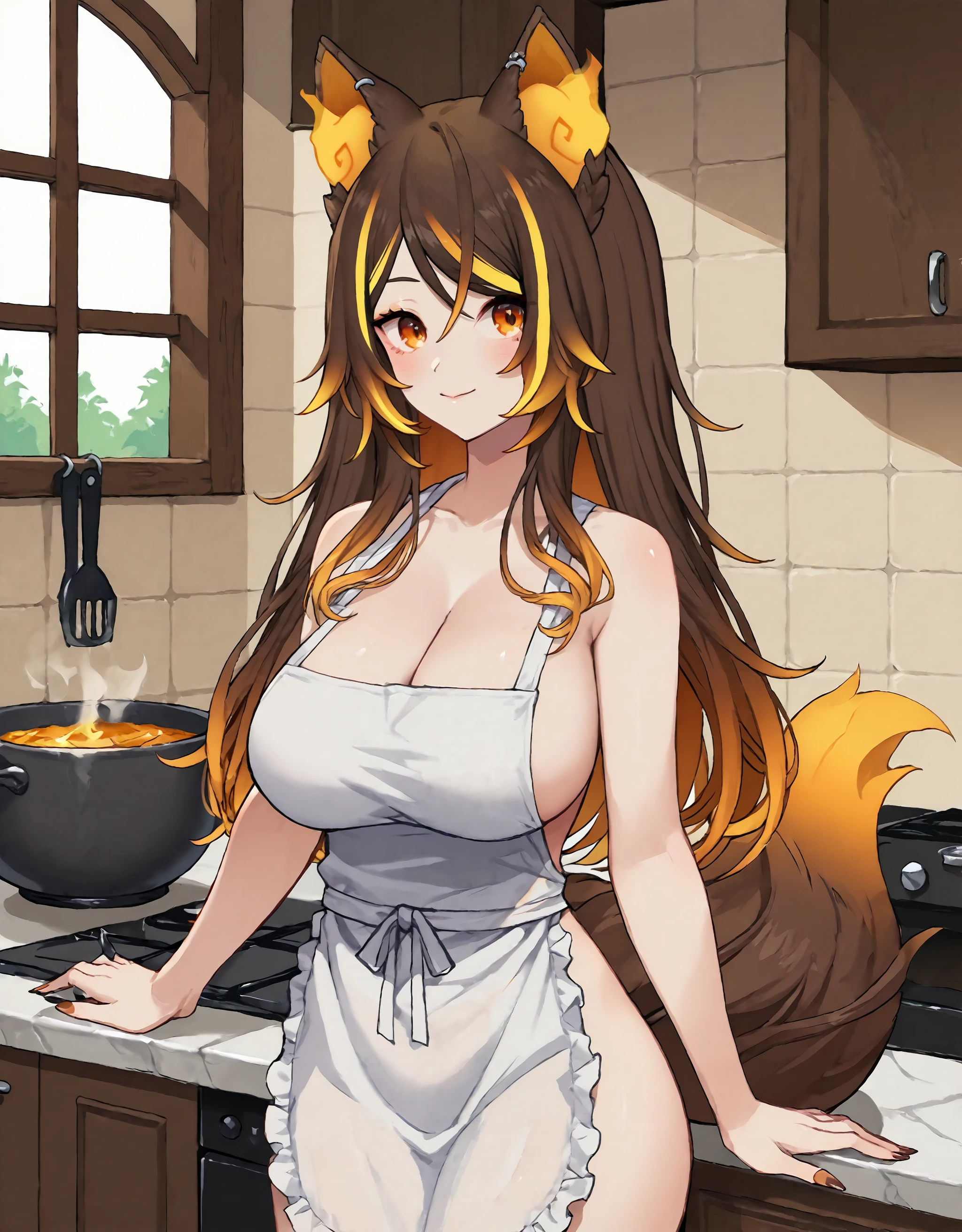 score_9, score_8_up, score_7_up, thick body, sexy, mature, milf, source_anime, solo, BREAK

(1girl, sinder vtuber, brown hair, streaked hair, fire ears, animal ears, large breast, fire tail, fluffy tail, multicolored hair, orange eyes, girl with black nails, girl blushing, long hair, wolf girl, girl),

naked white apron, cooking, kitchen, window, indoor, tile wall, smoke,