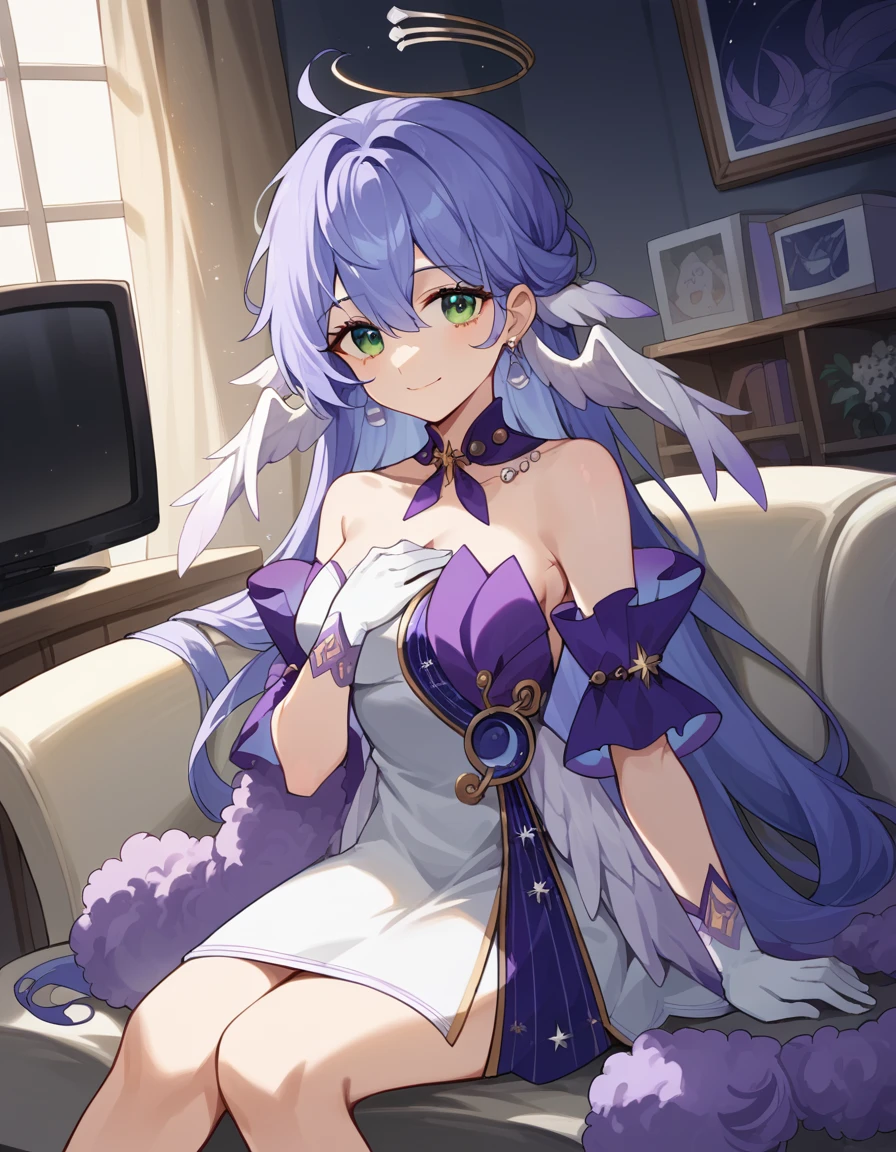 score_9, score_8_up, score_7_up, source_anime, <lora:hsr-robin-ponyxl-lora-nochekaiser:1>, hsr robin, purple hair, ahoge, long hair, very long hair, hair between eyes, feather ears, wings, white wings, green eyes, beads, hair intakes, medium breasts,, strapless dress, white dress, purple dress, detached sleeves, white gloves, feather boa, dress, shawl, halo, asymmetrical gloves, jewelry, earrings, purple collar,, living room, television, couch, popcorn, watching movie, night time, sitting,, smile, looking at viewer, arm across chest, knee forward, hand clenched, solo,, cowboy shot, dutch angle