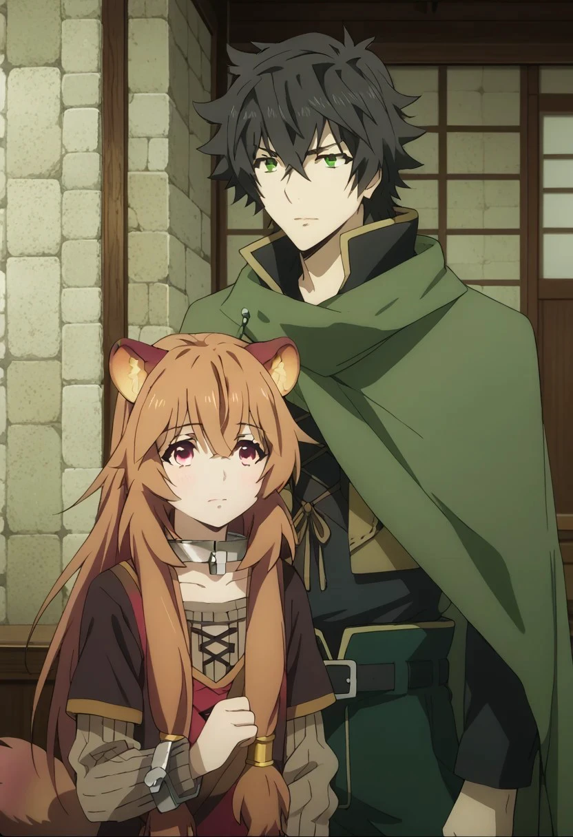 score_9, score_8_up, score_7_up, source_anime, rating_safe, NaofumiSH, green_Naofumi_eyes, black_Naofumi_hair, 1boy, couple focus, raphtalia, brown_Raphtalia_hair, brown-yellow_Raphtalia_raccoon ears, pinkish-red_Raphtalia_eyes, 1girl, female child, anime screencap, green_Naofumi_cloak, black-yellow_Naofumi_collared long sleeves, brown_Naofumi_open midriff, black-grey_Naofumi_belt, green-yellow_Naofumi_pants, raphtalia, brown_Raphtalia_hair, brown-yellow_Raphtalia_raccoon ears, pinkish-red_Raphtalia_eyes, brown_Raphtalia_raccoon tail, black-red_Raphtalia_dress, brown_Raphtalia_long sleeves, grey_Raphtalia_cuffs, grey_Raphtalia_collar