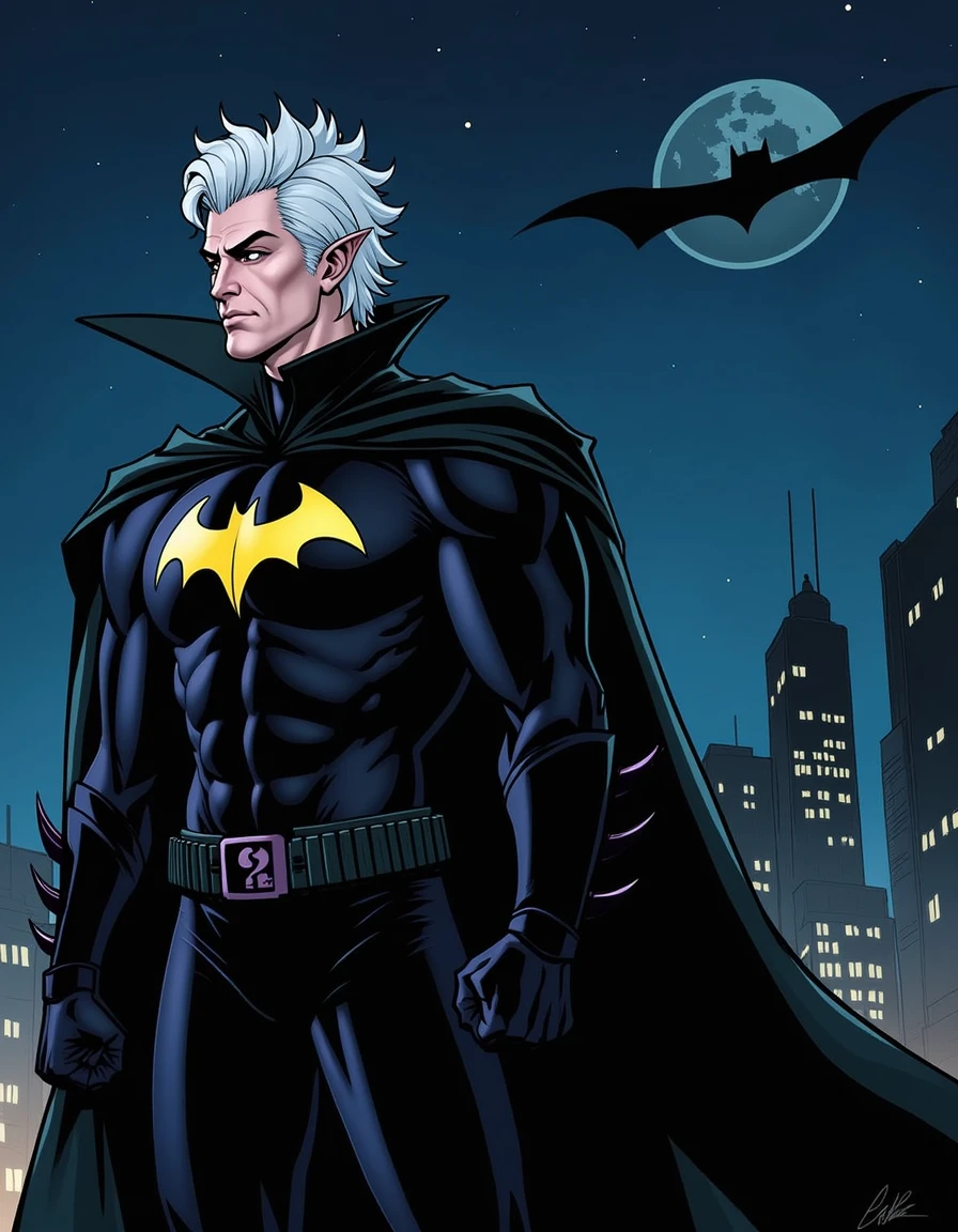 <lora:Astarion_Baldurs_Gate_3-000011:1>, BG3_Astarion wearing Batman costume, no mask, visible face, white hair, gotham city in background, bat signal in the night sky, superhero comic artstyle