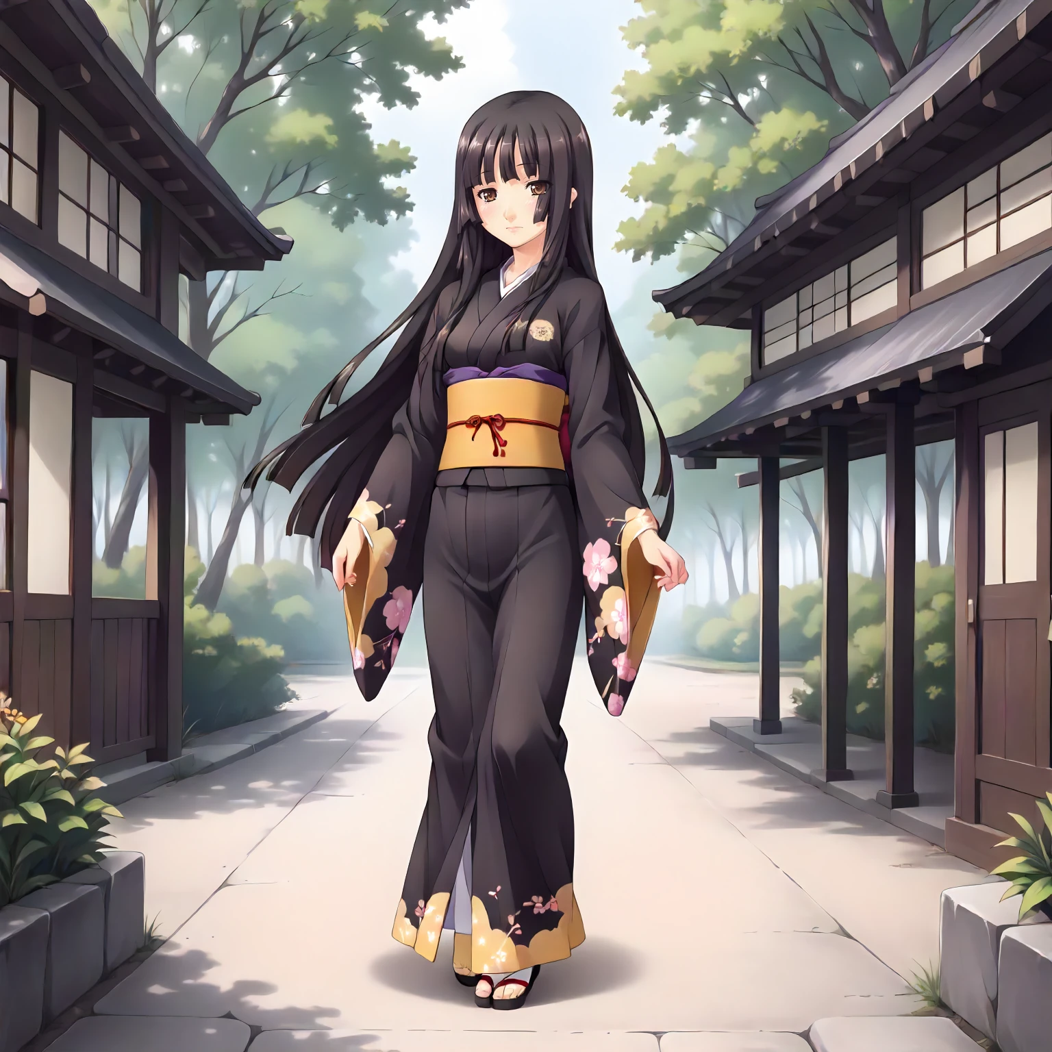 <lora:SDG_HiyoriKozakuraXLpony001>,
outdoors,nature,
solo,
HiyoriKozakura,1girl,black hair,long hair,hime cut,brown eyes,
standing,
print_kimono,