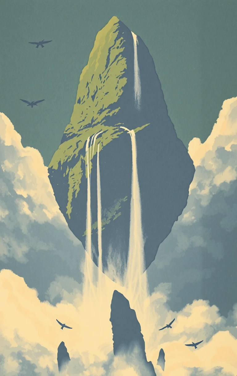 propaganda poster A giant, mysterious floating island in the sky, complete with waterfalls cascading down into the clouds below, surrounded by birds and floating rocks.