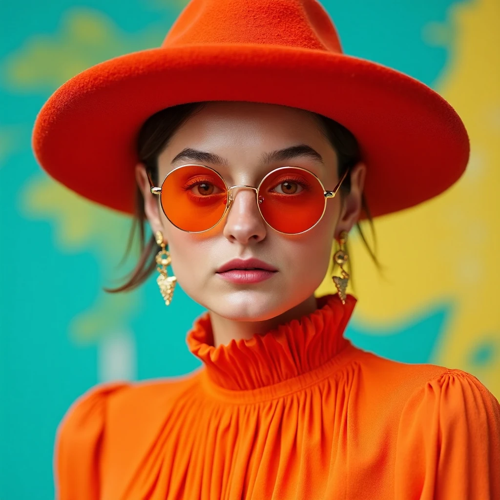 A close-up portrait of a 3mc0rr woman with light, smooth skin and a slender neck, wearing a vibrant, pleated orange blouse with a high collar that wraps around her neck. She has slightly parted lips with a natural pinkish tint. Her eyes are partially obscured by round, orange-tinted sunglasses with thin golden frames. The woman wears a wide-brimmed red hat that covers the top of her head and casts a soft shadow over her face. Her hair is tied back, with a few loose strands framing her face. She is wearing long, delicate earrings with intricate gold designs. The background is a bright, vibrant mix of turquoise and yellow, with abstract patterns that add a modern and artistic feel to the image. The overall atmosphere is stylish and fashion-forward, with a focus on bold colors and clean lines. The lighting is soft and even, enhancing the vivid colors and the smooth texture of her skin. The image is sharp and highly detailed, capturing the elegance and sophistication of the subject.