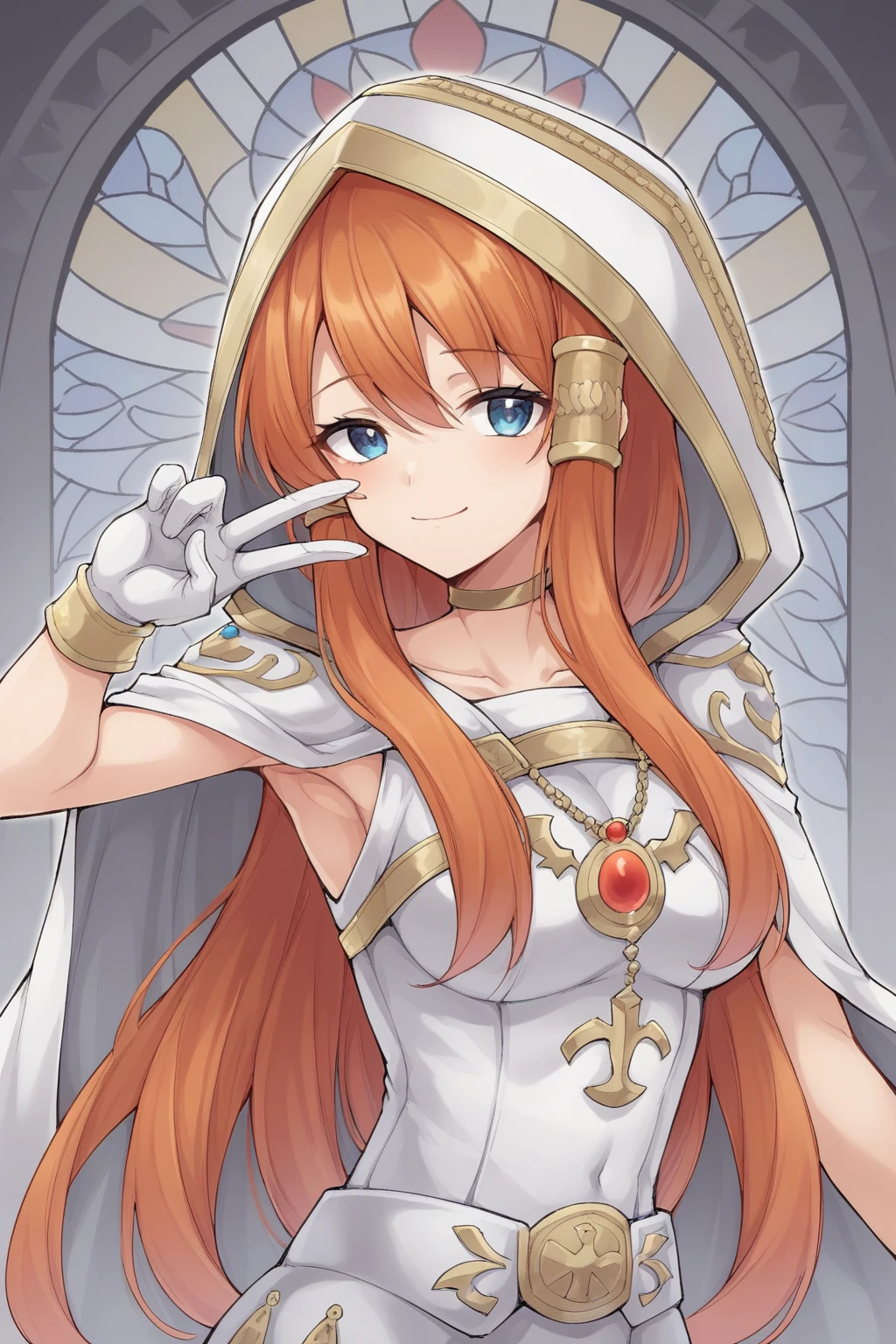 <lora:1minerva:0.8>score_9, score_8_up, score_7_up, source_anime, blue eyes, orange hair, collarbone, medium breast, gold hair tubes, white hood, white gloves, capelet, white dress, red jewelry, smile, armpit
standing, upper body, medium shot, peace hand, (4 fingers:0.5), from side
church ,stained glass