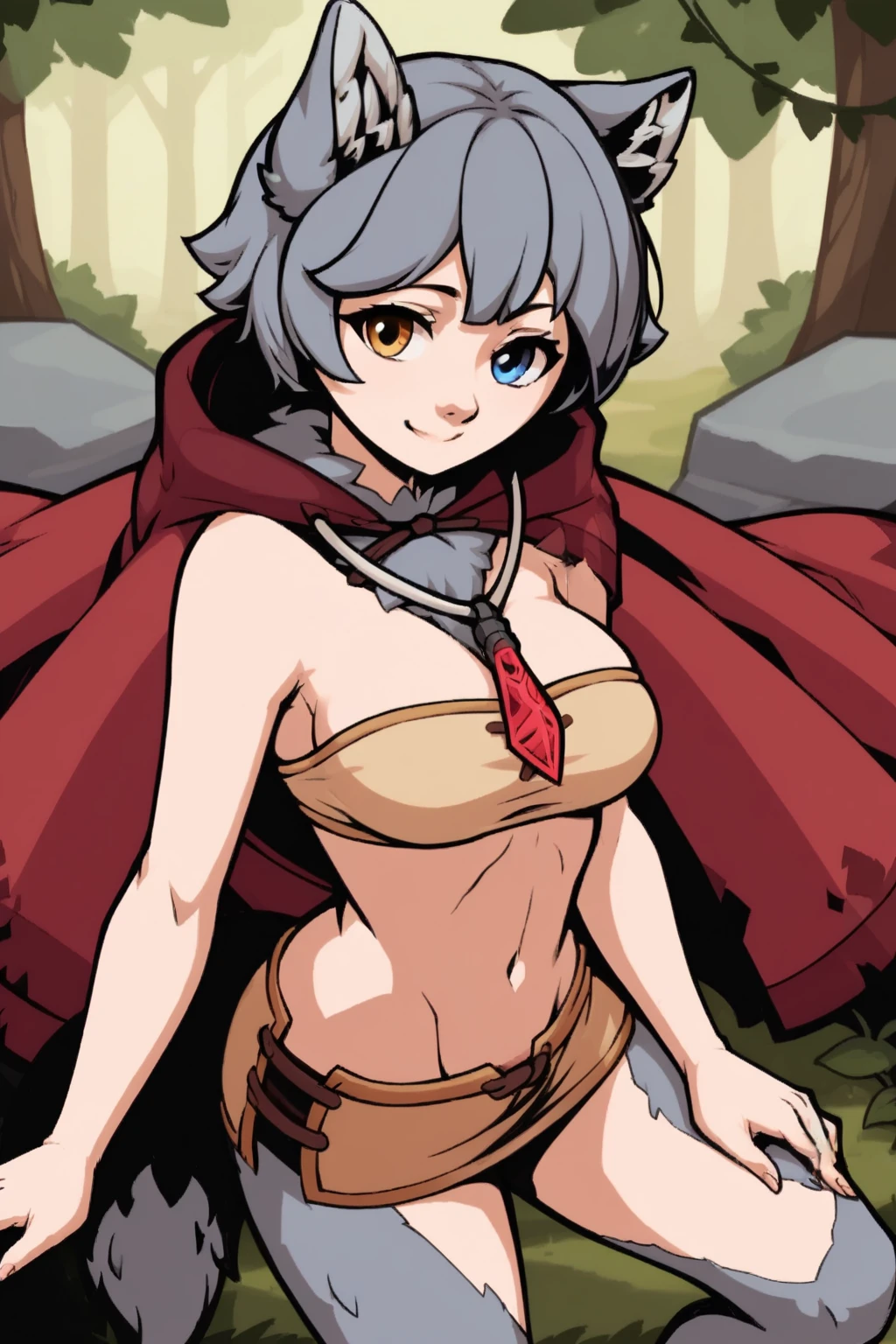 score_9, score_8_up, score_7_up, Ulvi, short hair, wolf girl, wolf ears, forest, smile, (beige bandeau, beige short skirt), medium breasts, bare shoulders, solo, 1girl, heterochromia, yellow eye, blue eye, wolf tail, ((fur on legs)), thick_arms, red cape, standing