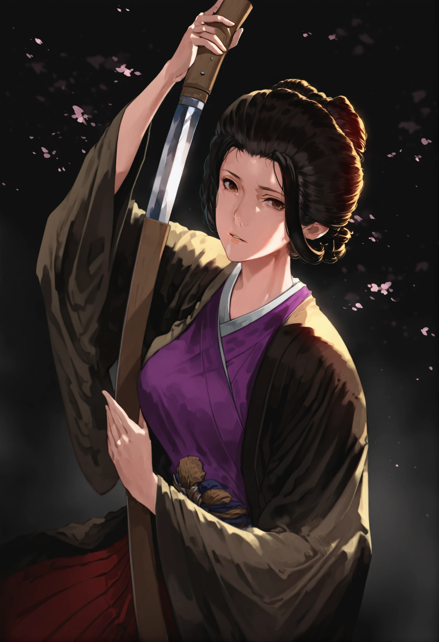 masterpiece, best quality, 1girl, solo, black background, japanese clothes, weapon, sword, looking at viewer, black hair, holding, kimono, holding weapon, holding sword, wide sleeves, updo, upper body, unsheathing, brown eyes, katana, simple background, sheath, long sleeves, parted lips, haori 
 <lora:mineoXLlokr4f-000176:0.95>