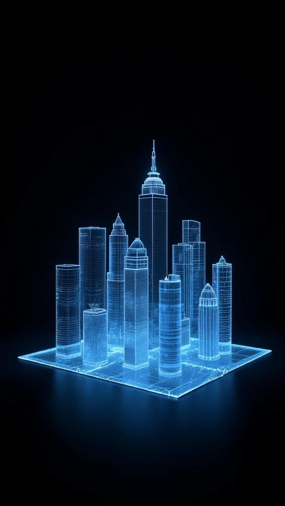 1qqq,a wireframe hologram of a city with glowing blue lines forming intricate patterns around its structure,plain black background,transparent holographic,minimalist shape,transparent,bioluminescence,architectural structure,