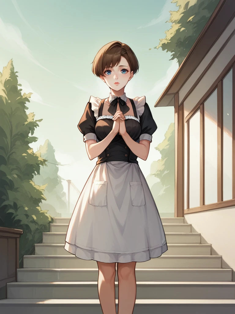 score_9, score_8_up, score_7_up, score_6_up, score_5_up, score_4_up, source_anime BREAK
1girl, female focus, <lora:Vachia:1>, blue eyes, maid outfit, standing at entryway of large estate, stairs, outdoors, waiting, hands togetherâââ