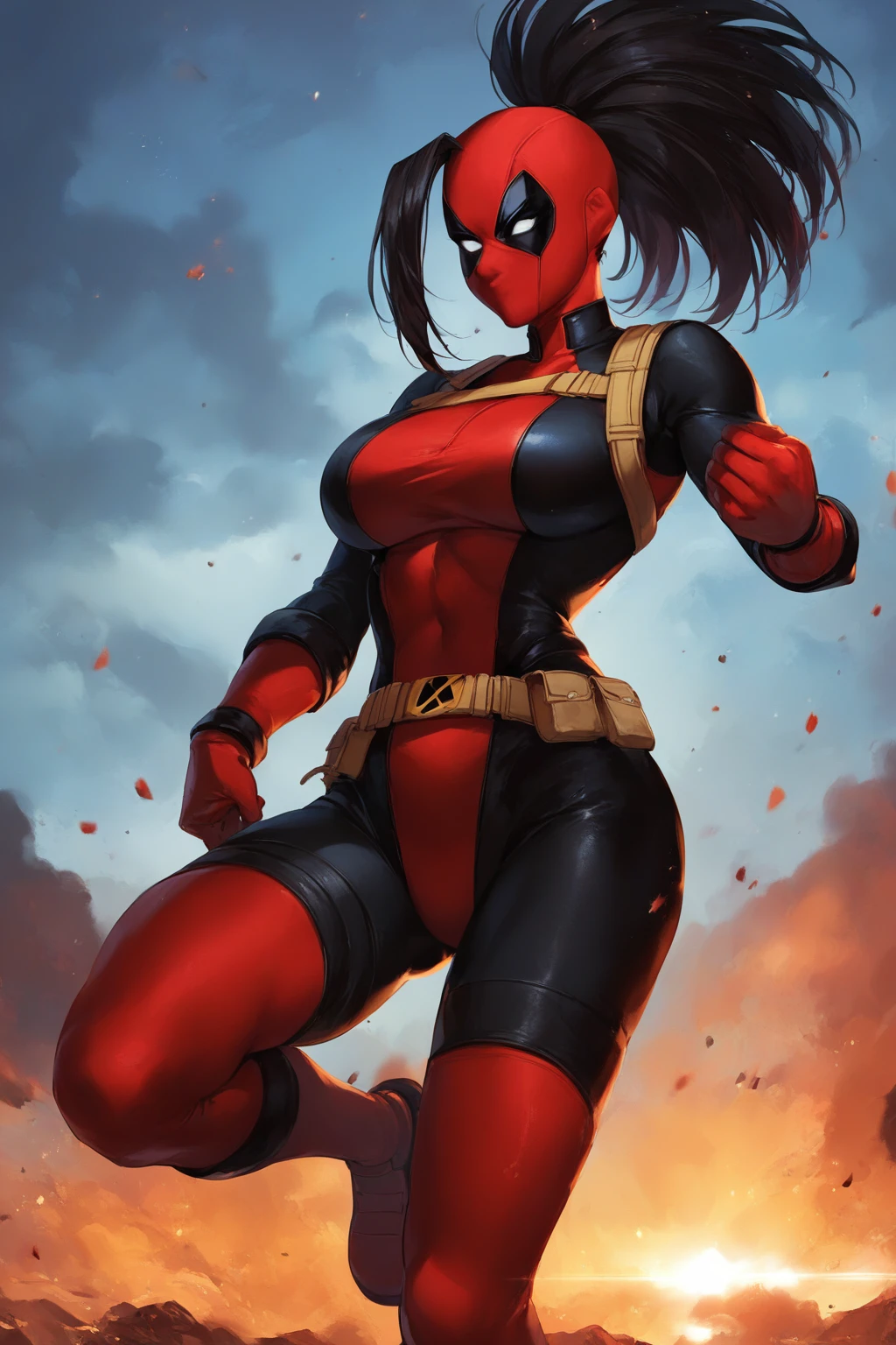 score_9, score_8_up, score_7_up, score_6_up, score_5_up, score_4_up, masterpiece, high quality, BREAK, full body, BREAK, 1girl, <lora:Deadpoolification:0.9> deadpoolification, deadpool, red and black clothes, white eyes, mask, bodysuit, full face mask, face covering, full mask,  <lora:Yaomomo:0.7> yaomomo, woman, person, yaoyorozu momo