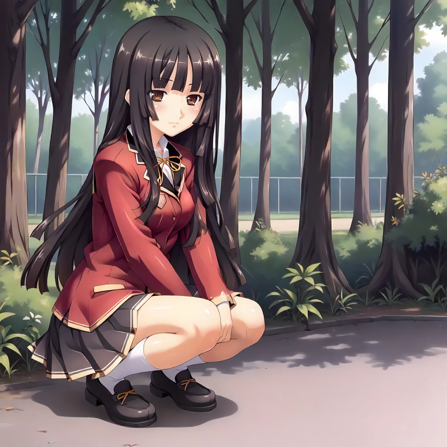 <lora:SDG_HiyoriKozakuraXLpony001>,
outdoors,nature,
solo,
HiyoriKozakura,1girl,black hair,long hair,hime cut,brown eyes,
school_uniform,red jacket,
pleated_skirt,
full body,squatting,