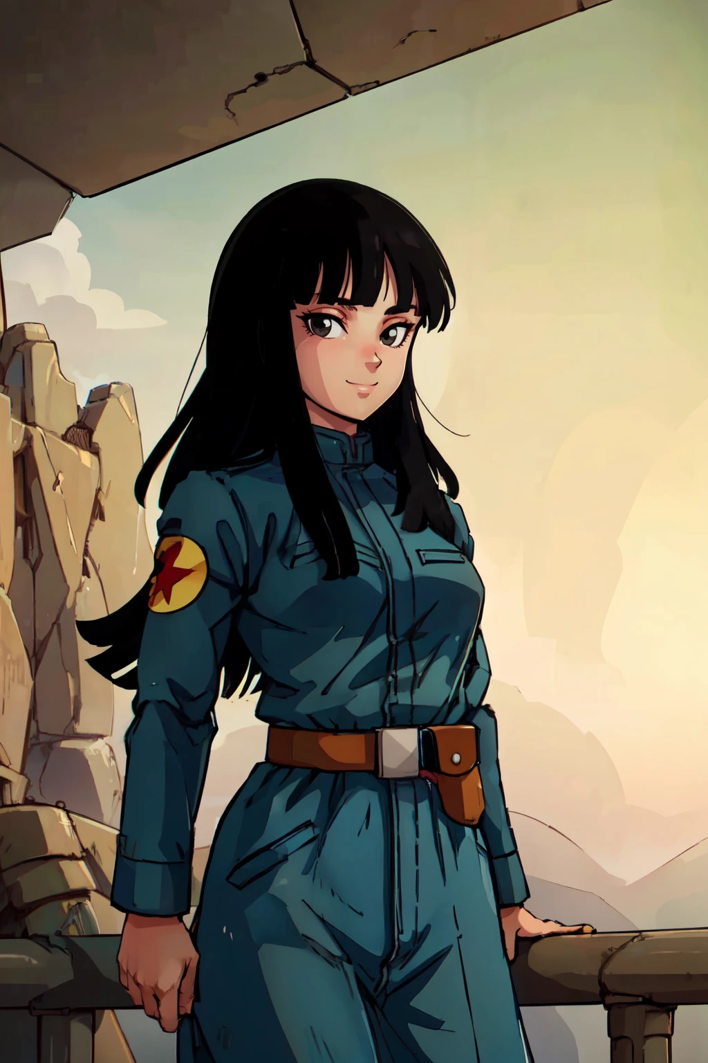 ((masterpiece,best quality)), absurdres,  BREAK, , <lora:FutureMai_DragonBall:0.8>,  zzMai, long hair, black hair, black eyes, blunt bangs,  military uniform, belt, , BREAK, side view, hip to the side, contrapposto,, BREAK, solo, smile, looking at viewer, cowboy shot,