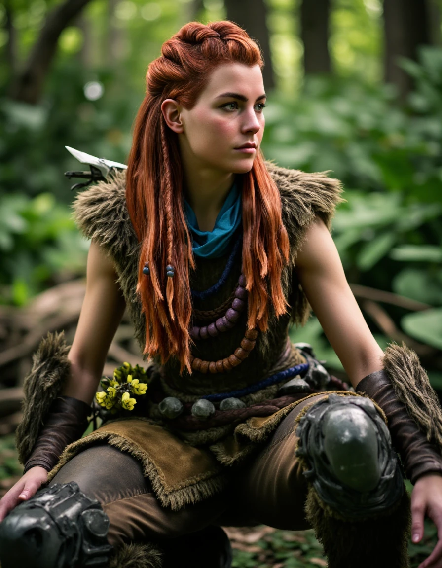 A photo realistic picture of a nora huntress trailing through a dense forest, her long red hair is tied on multiple braids flowing over her shoulders, her nora armor is decorated with multiple bead necklaces, she has one knee on the ground she looks at the distance with a stern expression,  her pretty face is soft and gentle, this captivating realistic travel photo highlights the girl's yearning for adventure and evokes a sense of calm and sensuality amidst the teeming wilderness, posing seductively, film camera, film grain, (art by mooncryptowow), shot on 50mm lens at f/2.8 aperture, bokeh, large eyes, full body view, mouth closed, face is well lit, realistic clear smooth skin, detailerlora
<lora:Aloy_Forbidden_West:.9>   <lora:detailer_flux_v1:.55>