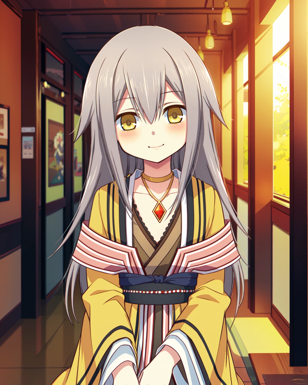 masterpiece, high quality, mgrckurehayuna, 1girl, upper body, medium shot, grey hair, yellow eyes, golden necklace with gem, yellow with white kimono, brown shirt, wide black belt, red striped scarf, white shorts, shy, blush, sitting, light smile, indoors, corridor, day,  <lora:mgrckurehayuna:0.8>