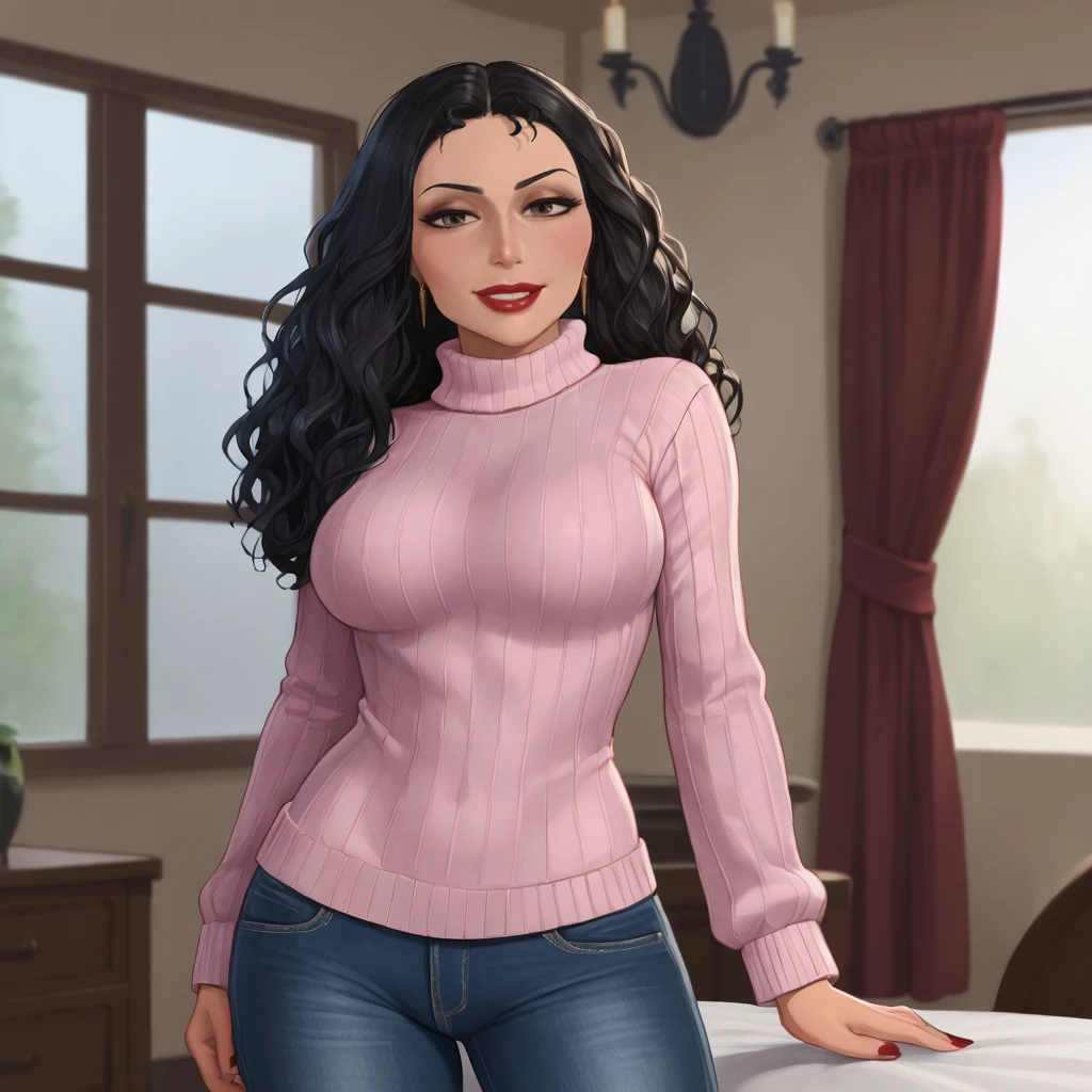 <lora:mothergothel_pony_v1:.8>mothergothel, 1girl,  solo, makeup, long hair, black hair, lipstick, red lipstick, long sleeves, large breasts, fingernails, dark skin, cowboy shot, sweater, jeans