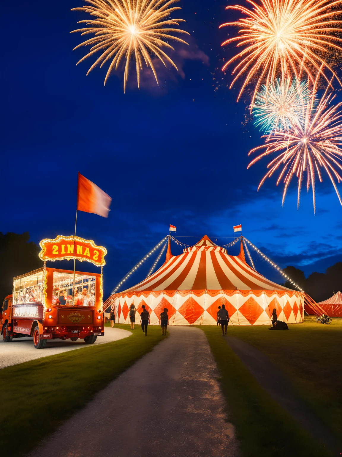 <lora:JJsCircusTent_XL:1> ,((Circus Tent)), ((outdoors)) , building, blue sky, window,   subject, night, night sky, cloud,  real world location, realistic, flag, grass, road, ((fireworks)),   ((light bulbs)) , scenery, lantern, tree, multiple boys, multiple girls,