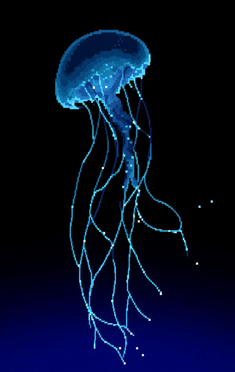 pixel art is a close-up of a jellyfish floating in the dark. The jellyfish has a long, slender body with a round head and a transparent body. Its tentacles are long and thin, with a blue-green color. The body of the jellyfish appears to be translucent, with small white dots scattered throughout. The background is completely black, making the blue jellyfish stand out even more. pixel art is taken from a slightly elevated angle, looking down on the body.