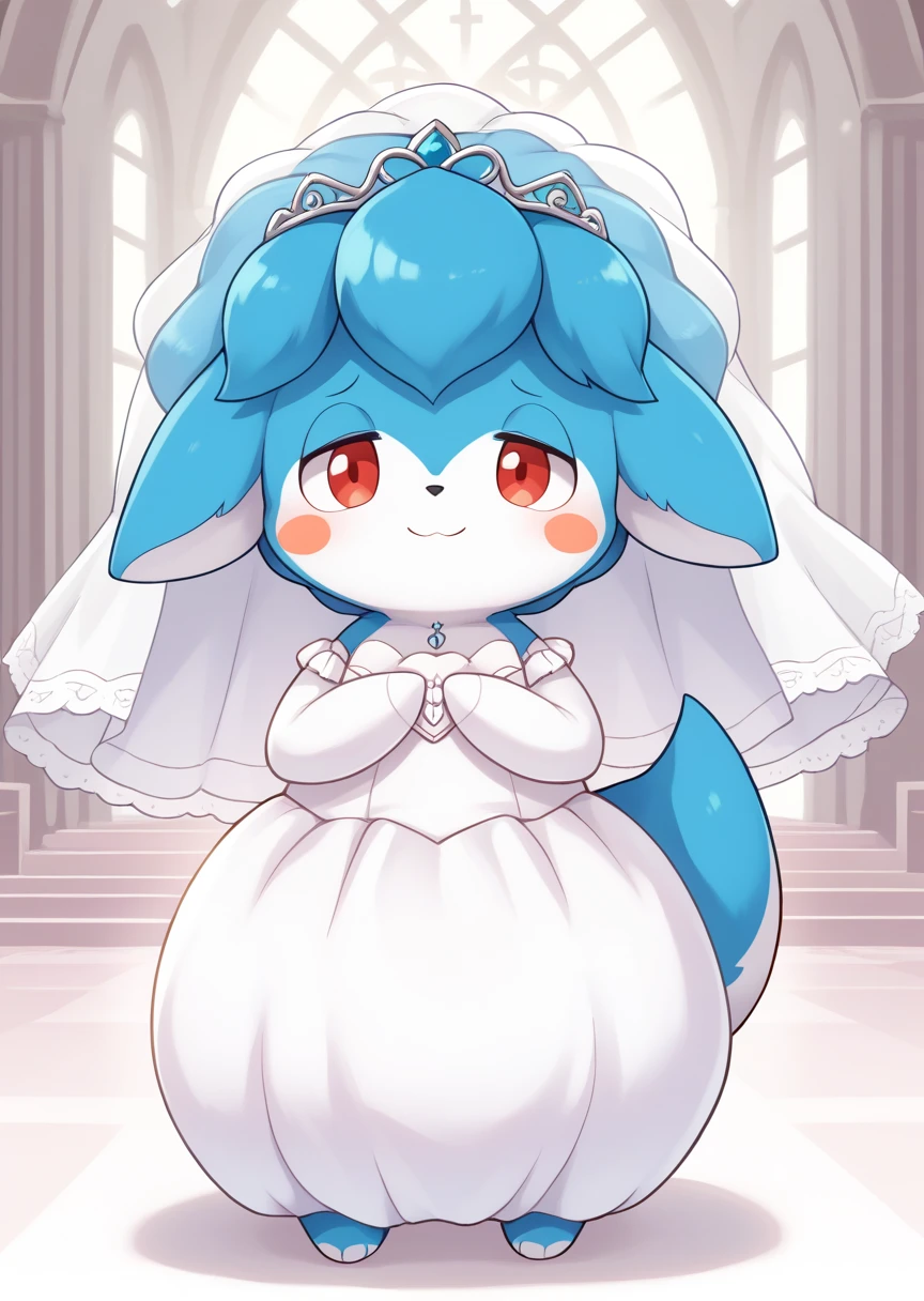 score_9_up, score_8, score_7, score_6, BREAK
Palimu, solo, looking at viewer, red eyes, closed mouth, standing, full body, no humans, blush stickers, blue fur, BREAK
detailed background, church, wedding dress, wedding veil, shy, blushing, smile, happy