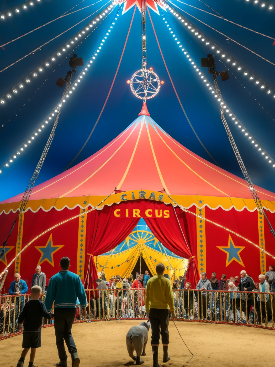 <lora:JJsCircusTent_XL:1> ,((Circus Tent)), ((indoors)) , bmultiple boys, star (symbol), scenery, walking, 6+boys, light, crowd, stage, people, concert, animals,