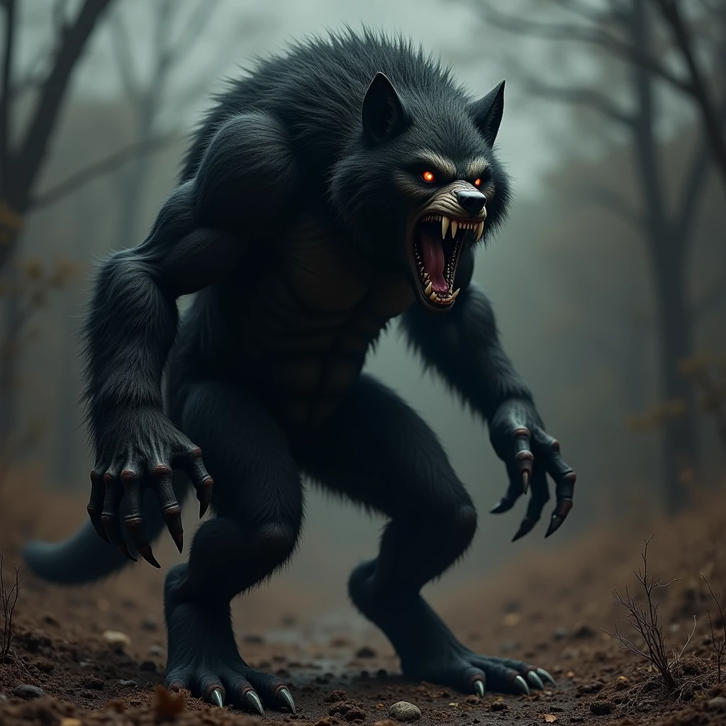 hyper realistic terrifying masterpiece werewolf photo (solo, full body photo:1.3), werewolf standing in a desolate field clearing, dim light, eyes glowing, mouth open, black fur, sharp claws, <lora:WerewolfFluxLoRAv1:1>