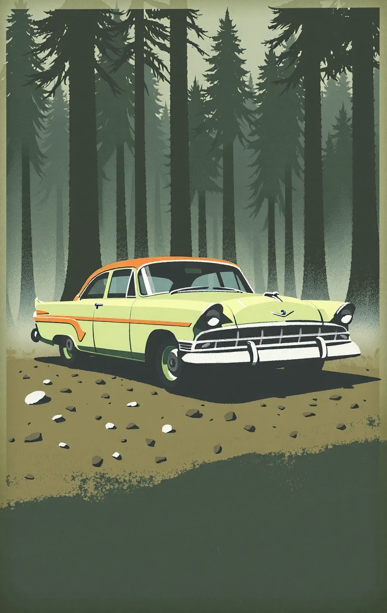 propaganda poster is a digital illustration of an old, vintage car parked in a forest. The car is a light green color with orange and yellow stripes on the body and roof. It is parked on a rocky ground with small rocks scattered around. The background is a foggy, misty forest with tall trees. The overall mood of the image is eerie and mysterious.