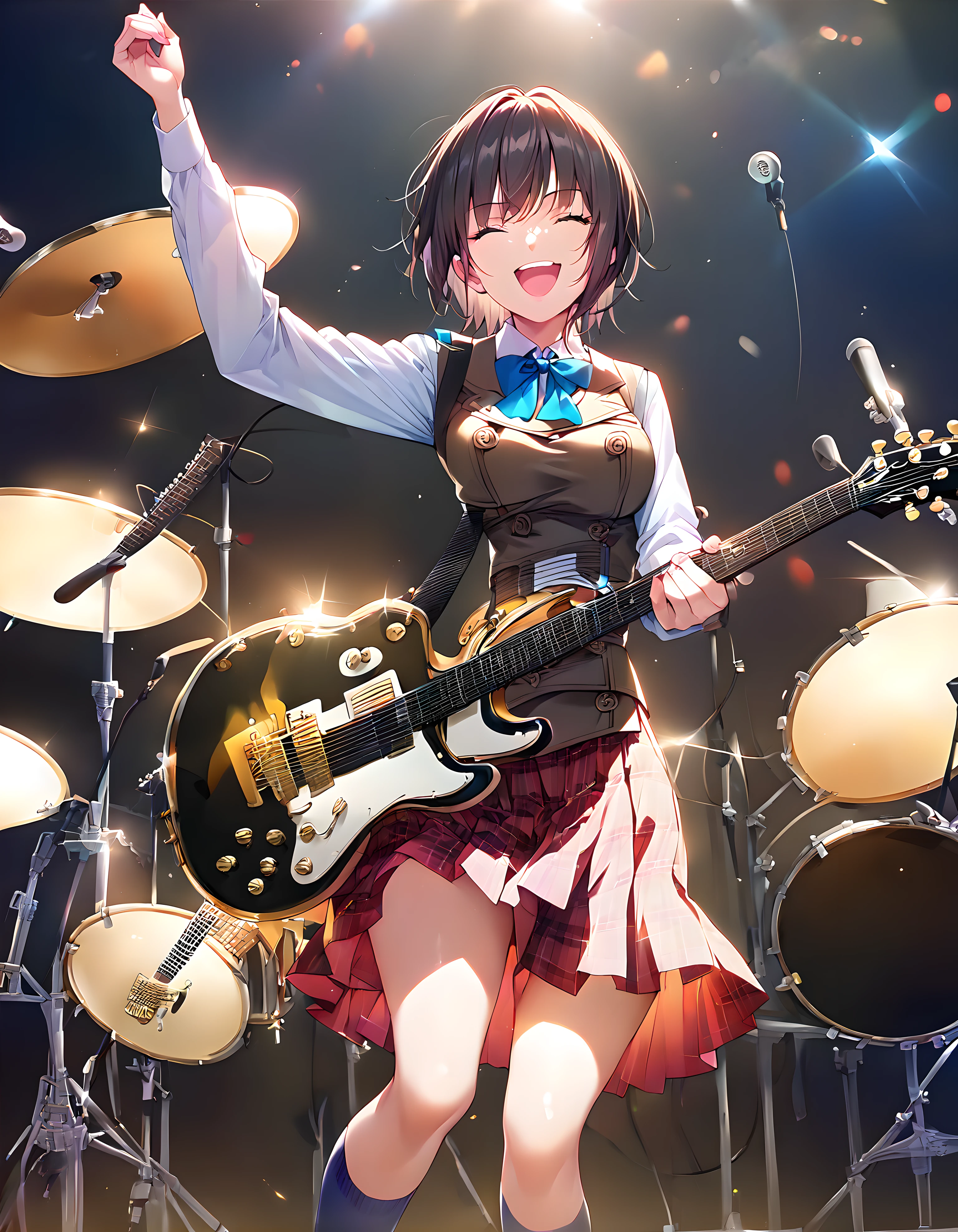 <lora:pony_xl_aoi:0.9>,aoi,score_9,score_8_up,score_7_up,source_anime,1girl,solo,school uniform,vest,white collared shirt,long sleeves,blue bowtie,red skirt,plaid skirt,blue knee high socks,holding instrument,guitar,gibson les paul,music,playing instrument,stage,concert,smile,laughing,