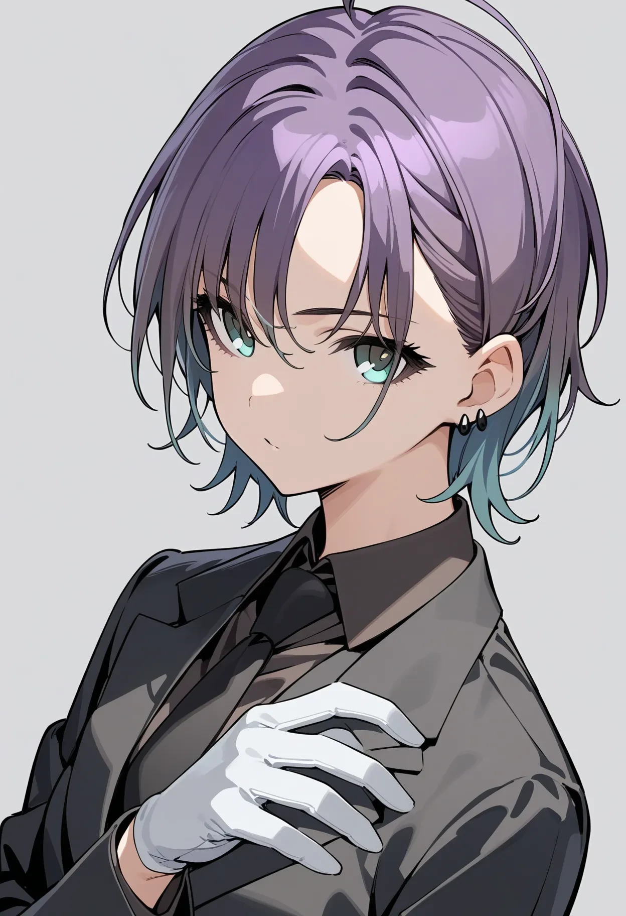 t_asakura,
1girl, ahoge, aqua eyes, purple hair, black necktie, earrings, formal, gloves, gradient hair, blue hair, jewelry, looking at viewer, multicolored hair, necktie, shirt, short hair, solo, suit, two-tone hair, upper body, simple background, grey background, simple background, white gloves, black shirt, 
masterpiece, best quality, very aesthetic, absurdres
<lora:t_asakuraXL_animagine:1>