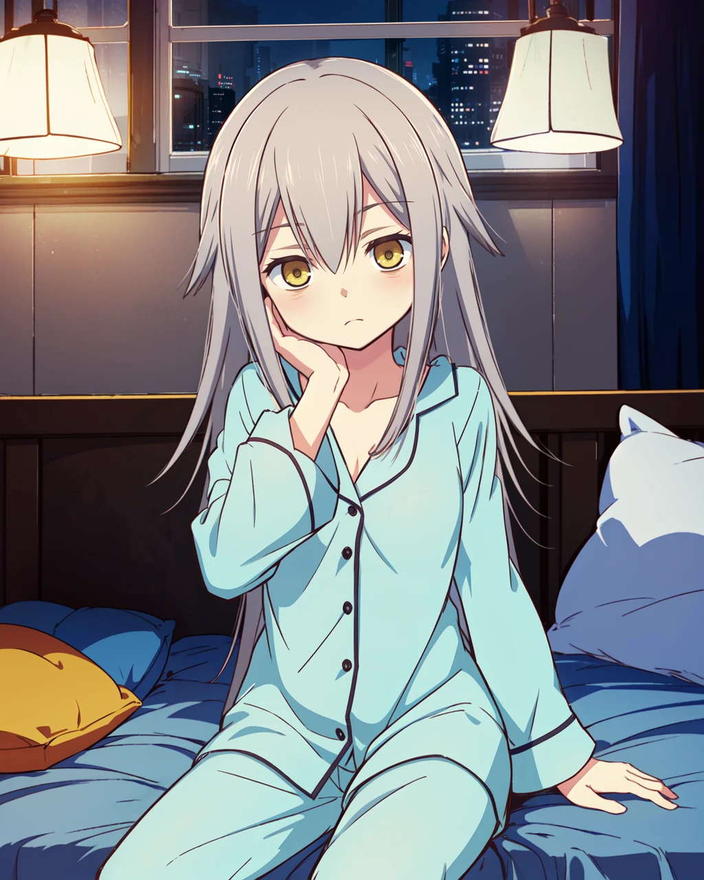 masterpiece, high quality, mgrckurehayuna, 1girl, cowboy shot, grey hair, bags under eyes, yellow eyes, blue pijama, towel, sitting, bed, bedroom, hand on cheek, sleepy, indoors, room, night, <lora:mgrckurehayuna:0.7>