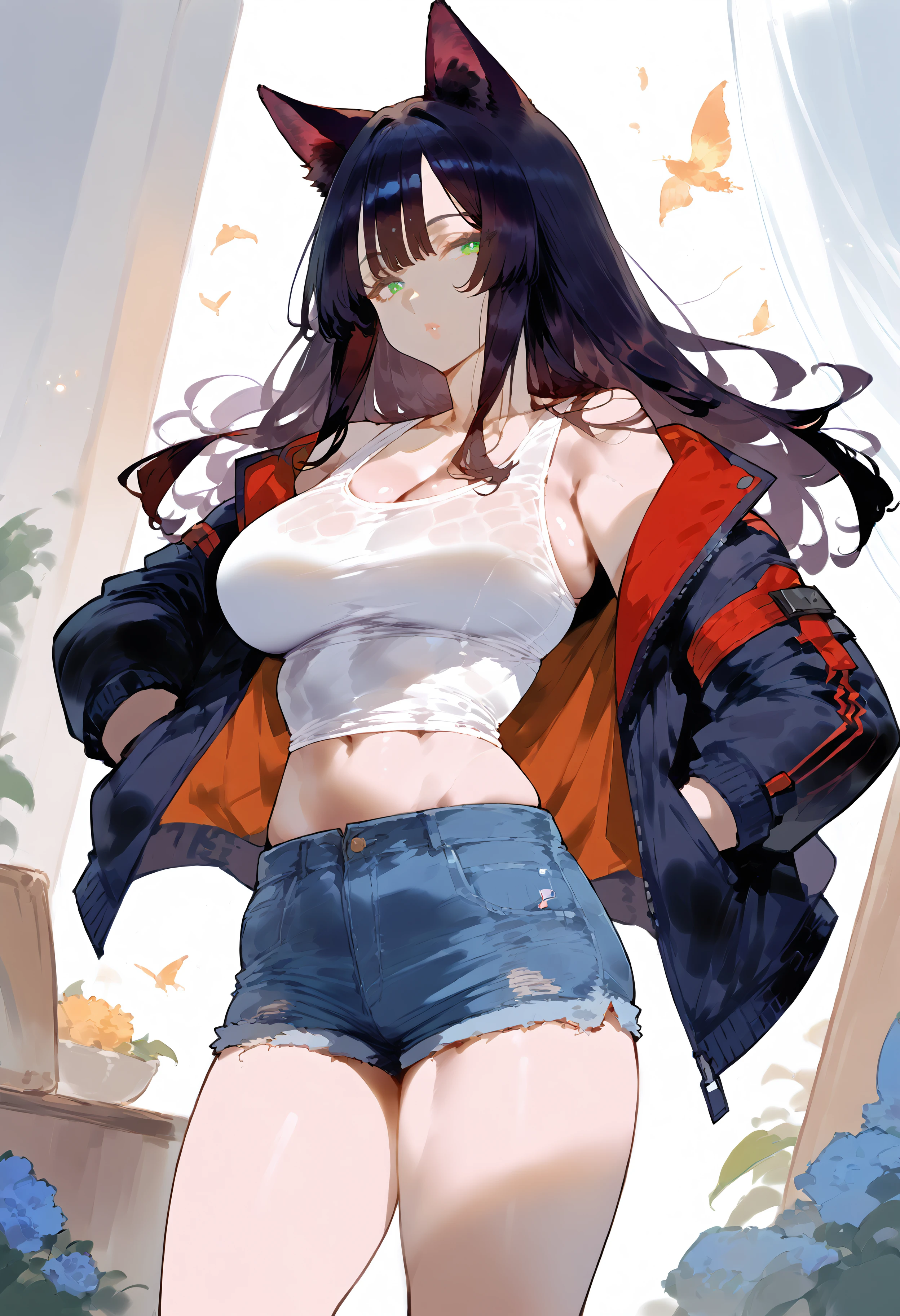 score_9, score_8_up, score_7_up, best quality, source_anime BREAK, 1girl, pale skin, black hair, long hair, bangs, green eyes, wolf ears, large breasts, tank top, jacket, short shorts, <lora:EroticNansensu:1>,