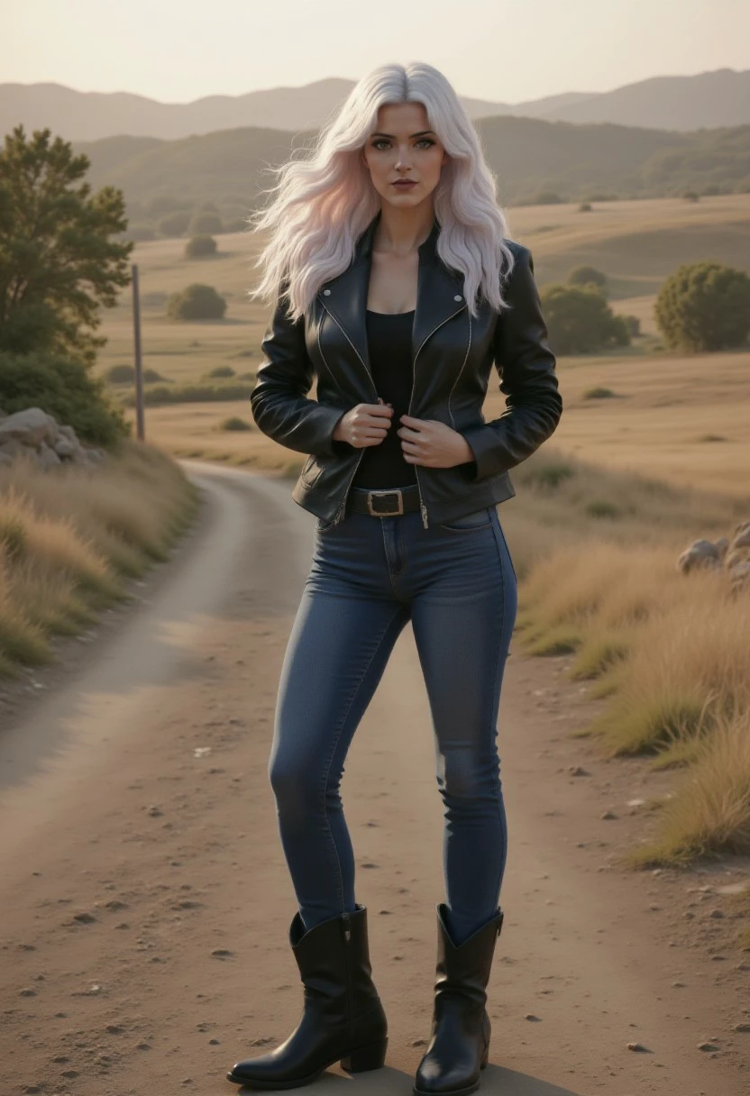 a realistic photo of beautiful Elle with long white hair wearing a black leather jacket and jeans with cowgirl boots posing for the camera durring the day. depth of focus, perfect body, clothes focus, detailed cloth, fit