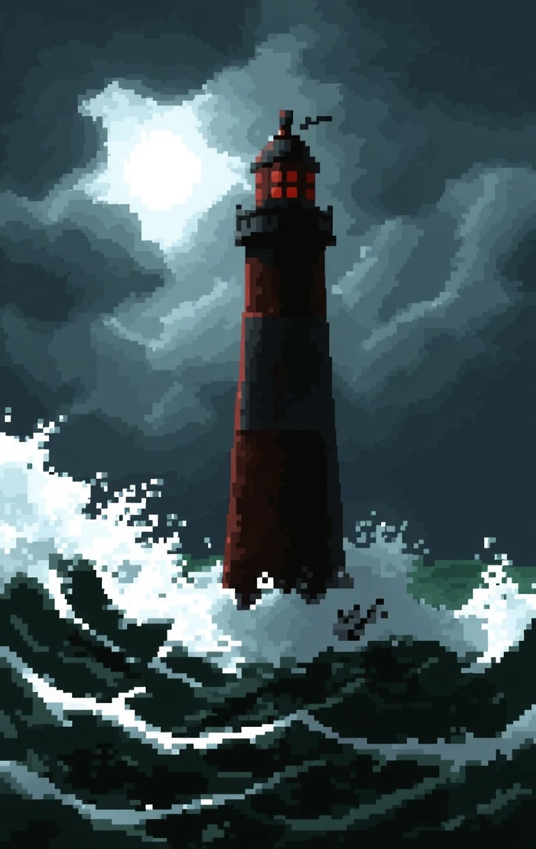 pixel art is a painting of a lighthouse in the middle of a stormy sea. The lighthouse is black and red in color and has a pointed top with a small chimney on top. The sky is filled with dark clouds and the sun is shining brightly in the background, creating a dramatic and ominous atmosphere. The water is choppy and turbulent, with large waves crashing around the lighthouse. The overall mood of the painting is dramatic and dramatic.