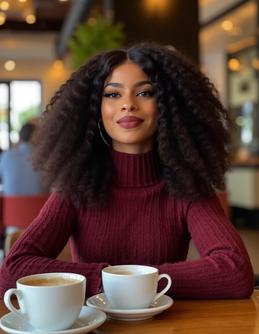 profesional photo of a beautiful black woman Lemy beauty with long curly black hair wearing a cozy turtleneck sweater enjoying herself in a cafe having coffee looking at the viewer with a seductive smile
 <lora:Lemy_Beauty:1>