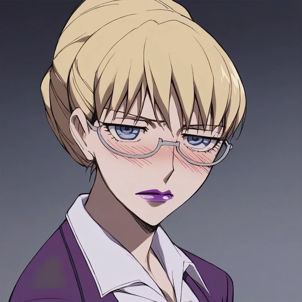 score_9, score_8_up, score_7_up, source_anime, expressive, anime, Artist speedlines, dynamic, D4RK3RTH4NBL4CK, BR1T4, 1woman, (brita_(darker_than_black):1.2), blonde_hair, blue eyes, purple_lips, glasses, business_attire, serious_expression, anime_girl, purple_jacket, white_shirt, tied_hair, female, looking at viewer, facing viewer, bare_legs, high_heels, blush, blushing, embarrassed, dark background, Artist style:komori_takahiro